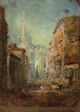 Impressionistic Cityscape with Tall Spire