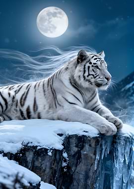 White Tiger in Snowy Moonlit Landscape