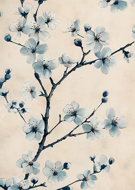 Blue Cherry Blossoms | Antique Cherry Blossom Botanical Art