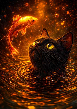 Black Cat and Goldfish in Fiery Water