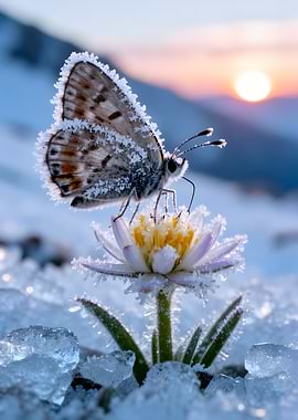 Butterfly on frosted flower at sunrise