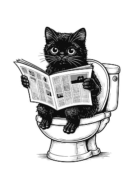 Black cat reading newspaper on toilet