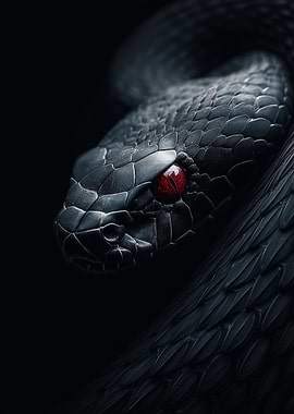 Close-up of a black snake with red eyes