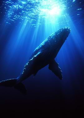 Humpback whale swimming in blue ocean