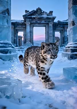Snow Leopard in Snowy Ruins
