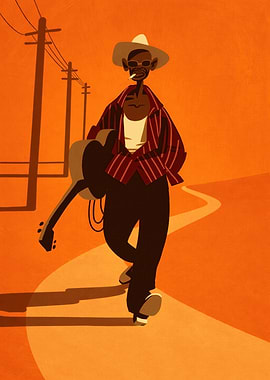 Blues Musician Walking with Guitar