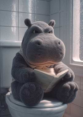 Hippo reading on a toilet