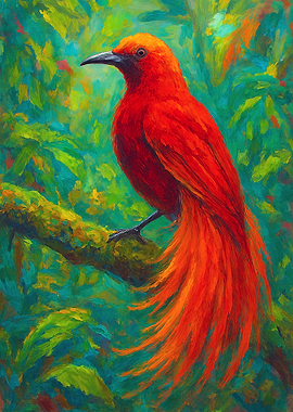 Vibrant Red Bird in Lush Greenery