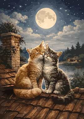 Two Cats Kissing Under the Moon