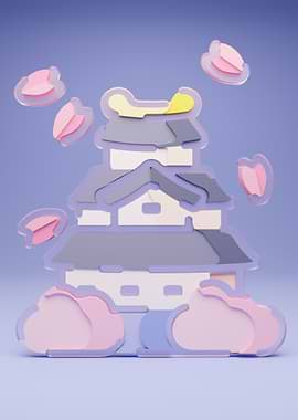 Stylized Japanese Castle with Cherry Blossoms