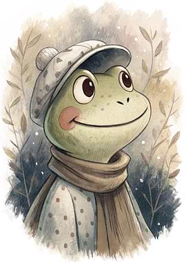 Cute Frog Wearing a Hat and Scarf
