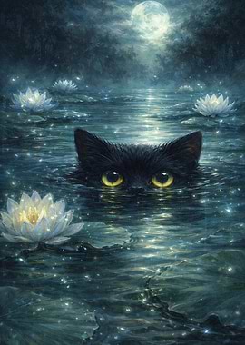 Black Cat in Moonlit Pond