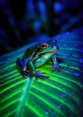 Frog on a glowing leaf
