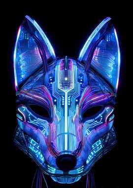 Neon Cyberpunk Kitsune Mask