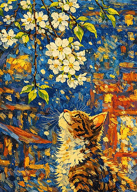 Cat looking at cherry blossoms