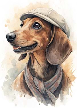 Dachshund Wearing a Cap and Scarf