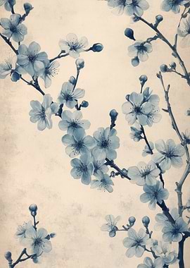 Blue Cherry Blossoms | Vintage Cherry Blossom Botanical Wall Art