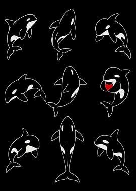 Cute Orca Poster Set, Minimalist Killer Whale Wall Art, Black Ocean Nursery Print
