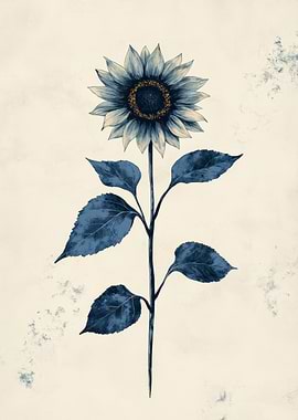 Blue Sunflower Botanical Illustration | Sunflower Botanical Wall Art