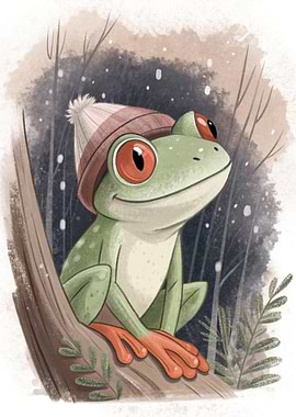 Cute Frog Wearing a Beanie in Winter