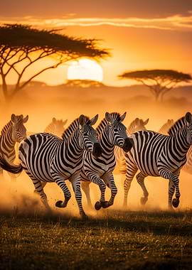 Zebras running at sunset