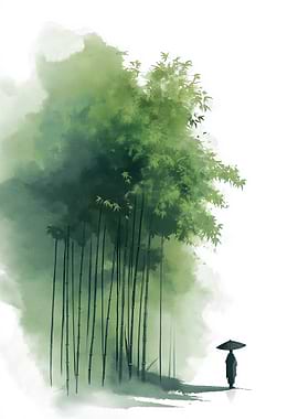 Bamboo Forest with Person and Umbrella