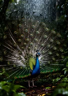 Peacock displaying feathers in the rain