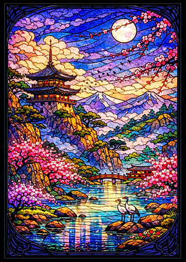Stained Glass Japanese Landscape