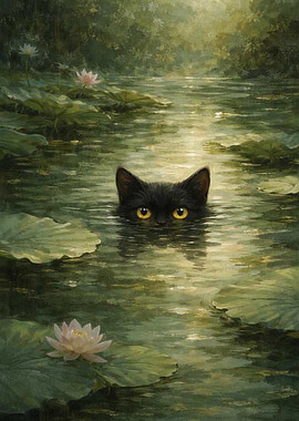 Black Cat in a Lily Pond