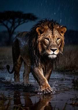 Lion walking in the rain