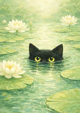 Black Cat Peeking Through Water Lilies
