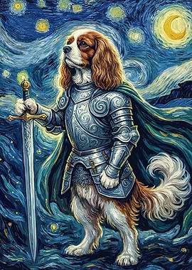 Cavalier Knight in Starry Night - Dog Art
