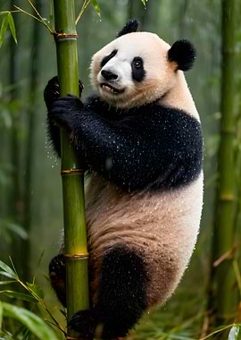 Panda climbing bamboo in the rain