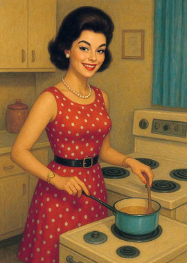 Retro Woman Cooking in Kitchen