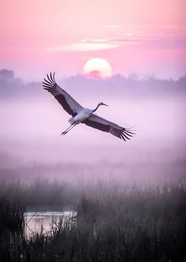 Crane flying at sunrise