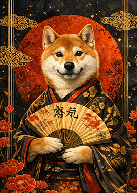 Shiba Inu in Kimono with Fan