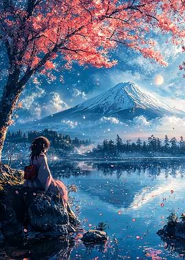 Japanese girl watching the Mount Fuji