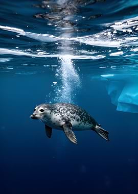 Seal swimming underwater with bubbles