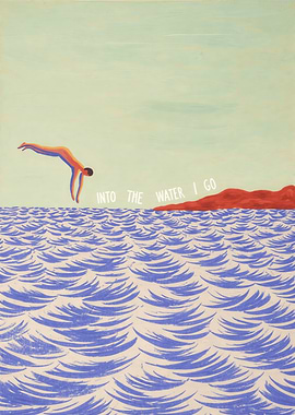 Diver jumping into water with text