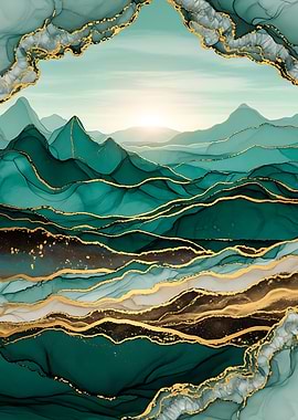 Abstract Teal and Gold Mountain Landscape