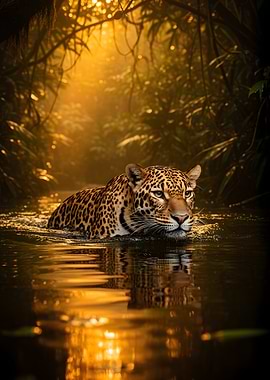 Jaguar wading through a jungle river at sunset
