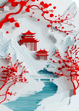 Serene Japanese Landscape with Pagodas