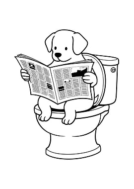 Minimalist Dog reading newspaper on toilet