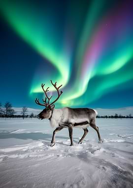 Reindeer Under Aurora Borealis