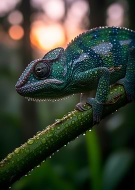 Chameleon on a wet branch