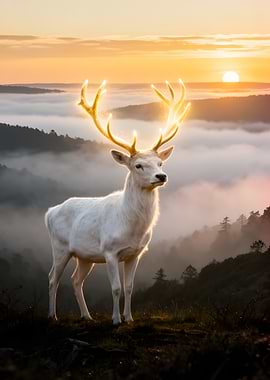 White Deer with Glowing Antlers at Sunrise