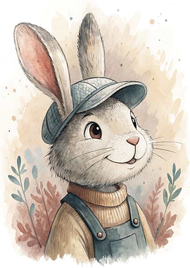Cute Bunny Wearing a Hat and Overalls
