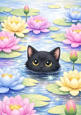 Black Cat in Blooming Lotus Pond – Cute Pastel Fantasy Wall Art