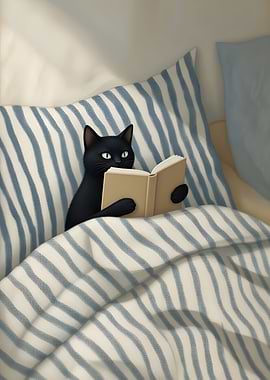 Black cat reading a book in bed