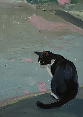 Tuxedo Cat Sitting Among Pink Petals